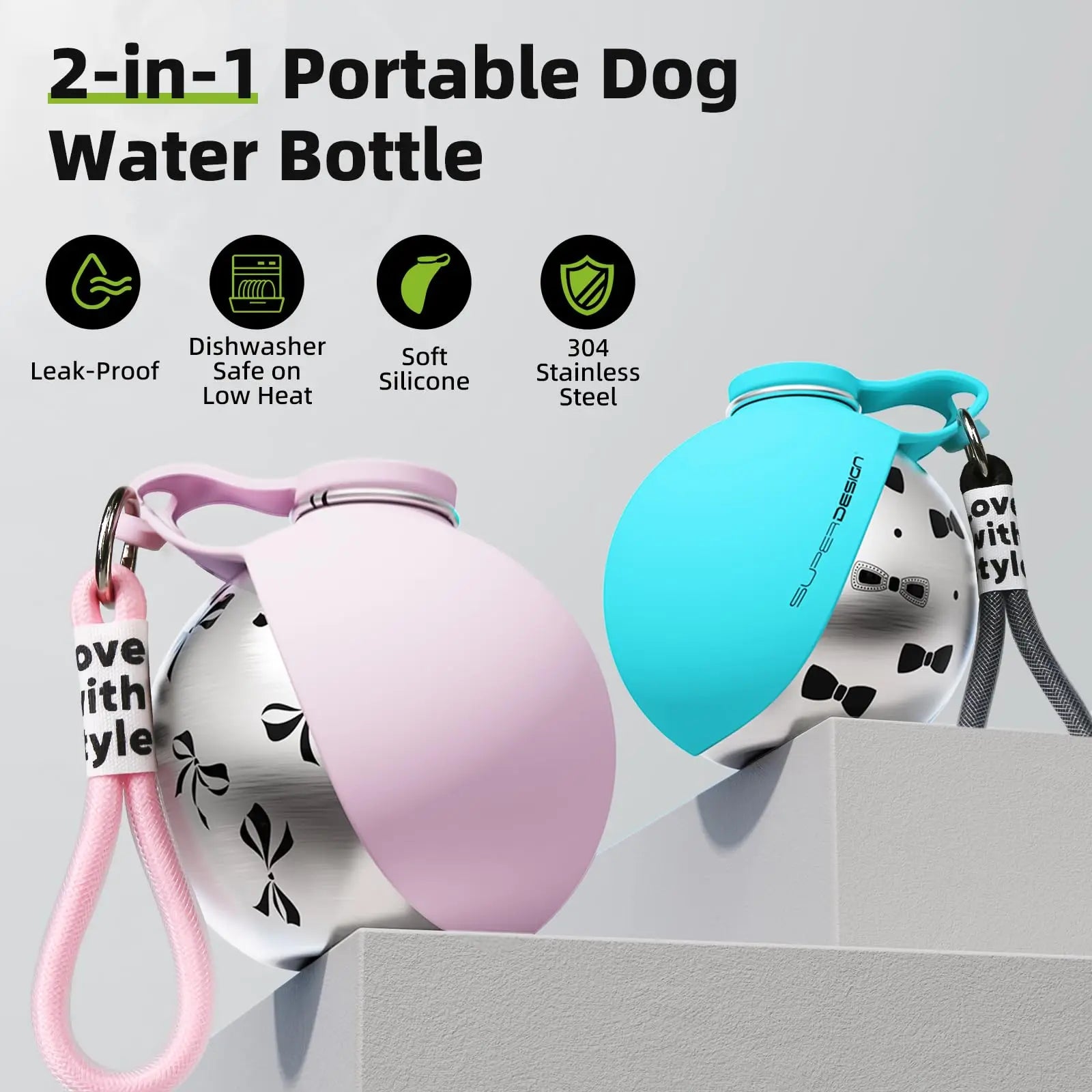 Portable Dog Water Bottle with Foldable Silicone Bowl and Lanyard