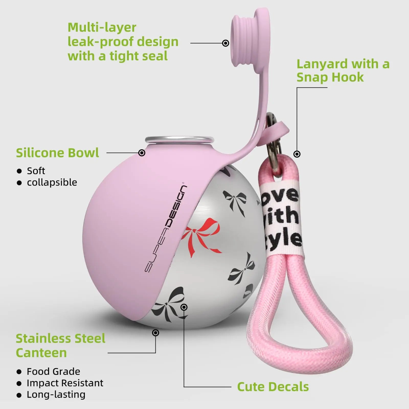Portable Dog Water Bottle with Foldable Silicone Bowl and Lanyard