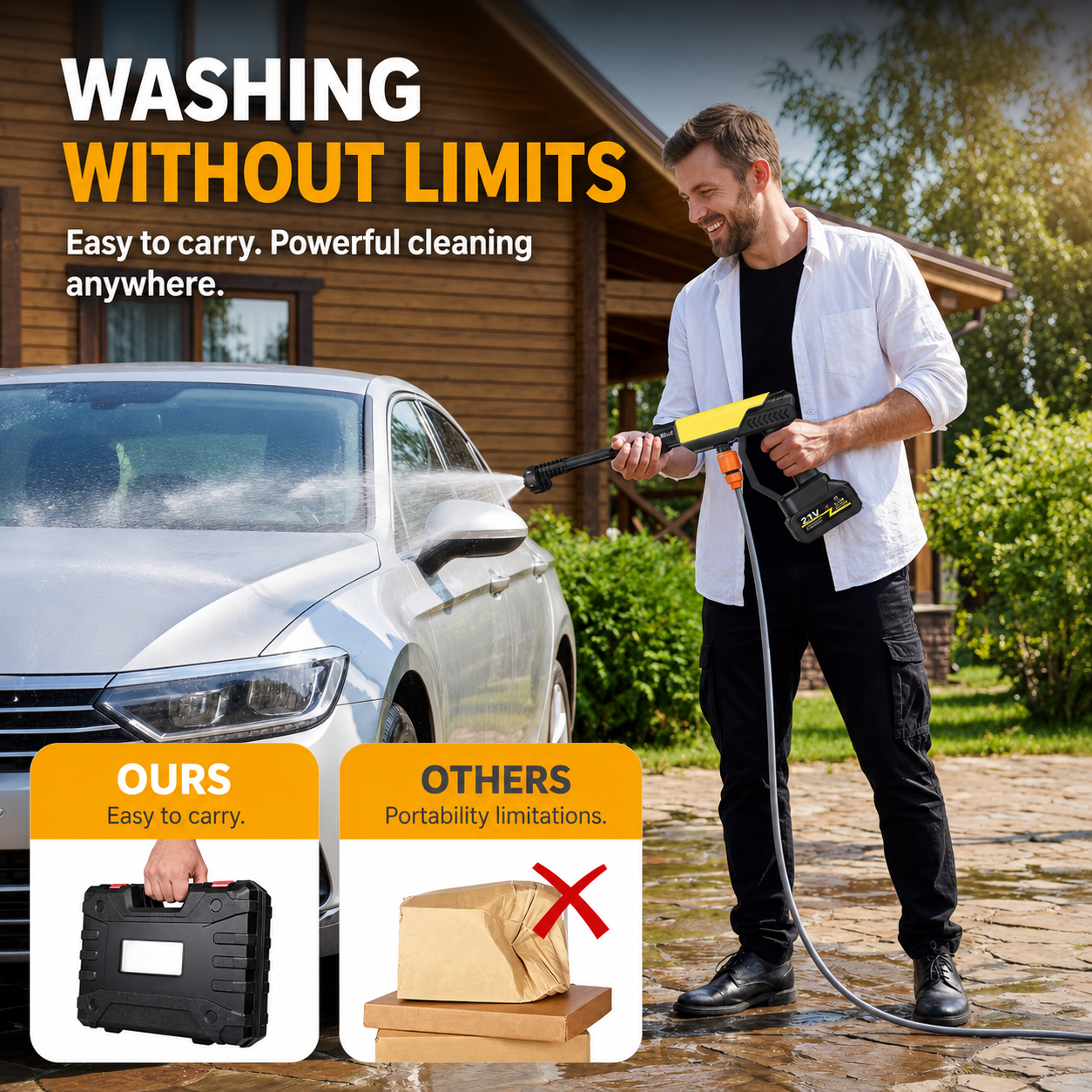 Cordless Rechargeable Pressure Washer – 21V Portable Cleaning Gun with 6-in-1 Spray Nozzle