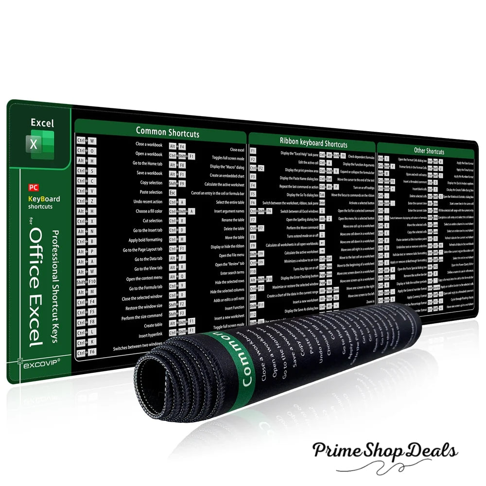 Extended Office Mouse Pad with Excel Shortcuts and Stitched Edge
