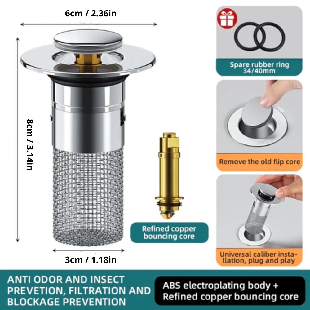 Pop-Up Sink Drain Filter and Hair Catcher Stopper