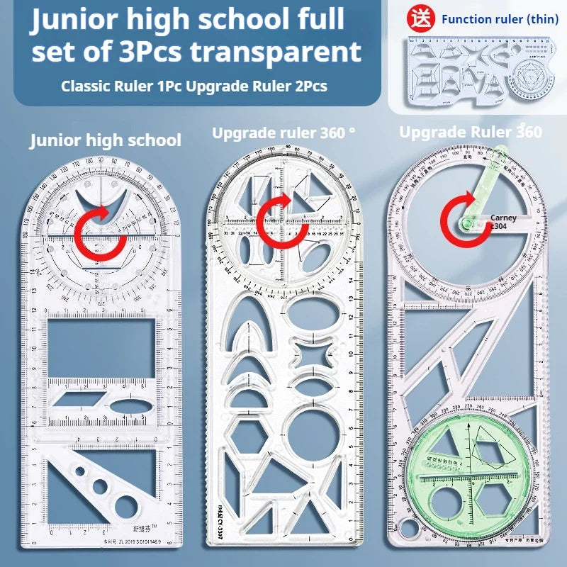 Multifunctional Geometry Ruler with Rotating Protractor