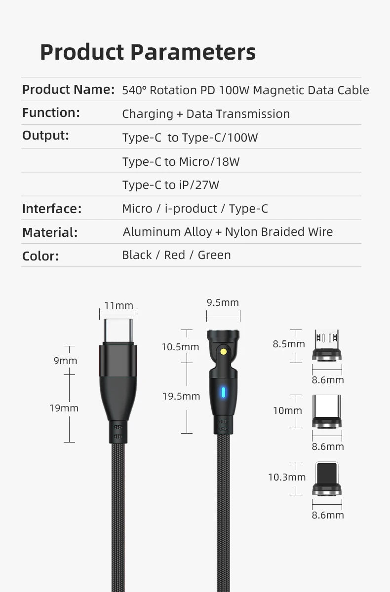 100W Magnetic USB Type-C Fast Charging 3-in-1 Cable