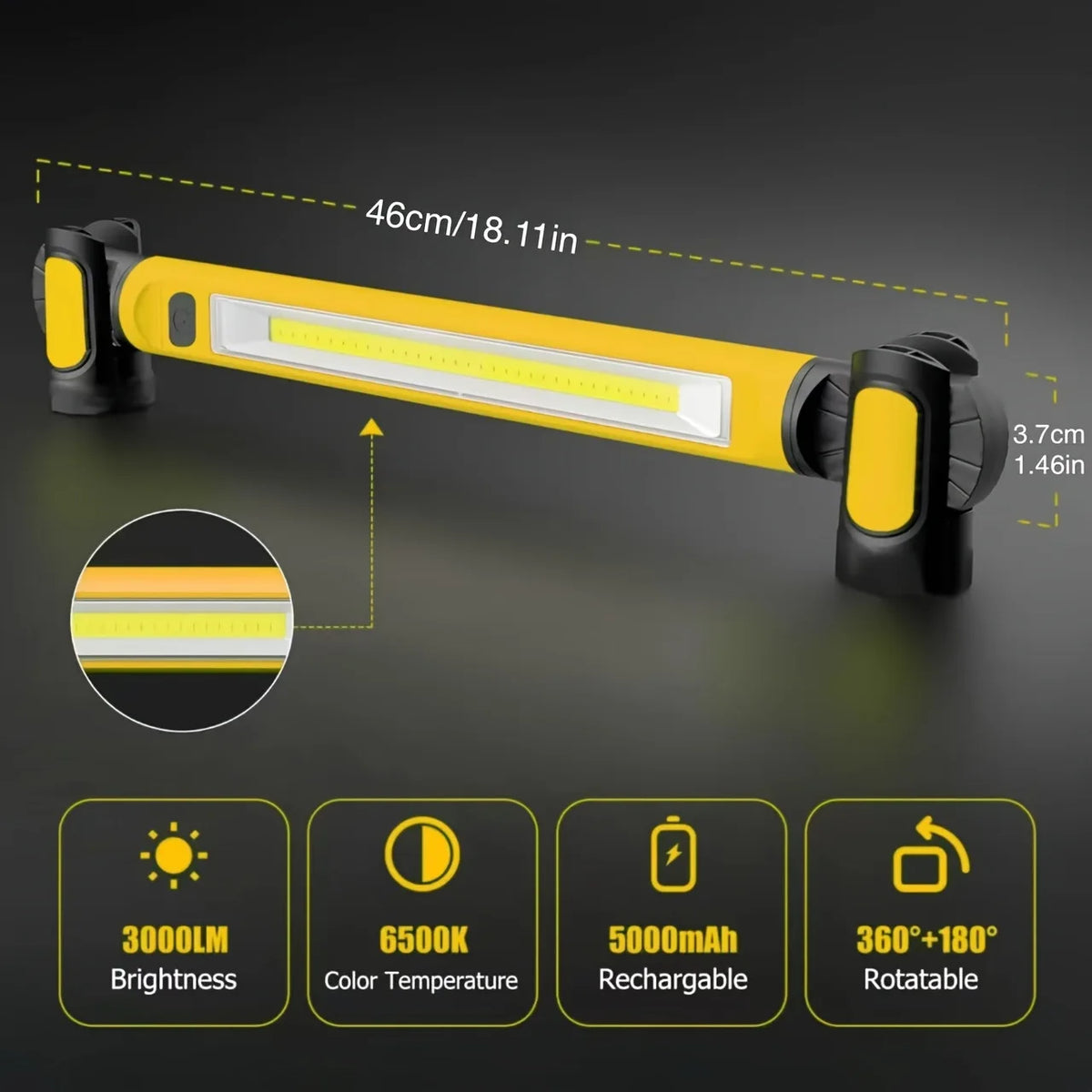 Rechargeable Magnetic COB Work Light – 360° Rotating LED Inspection Lamp