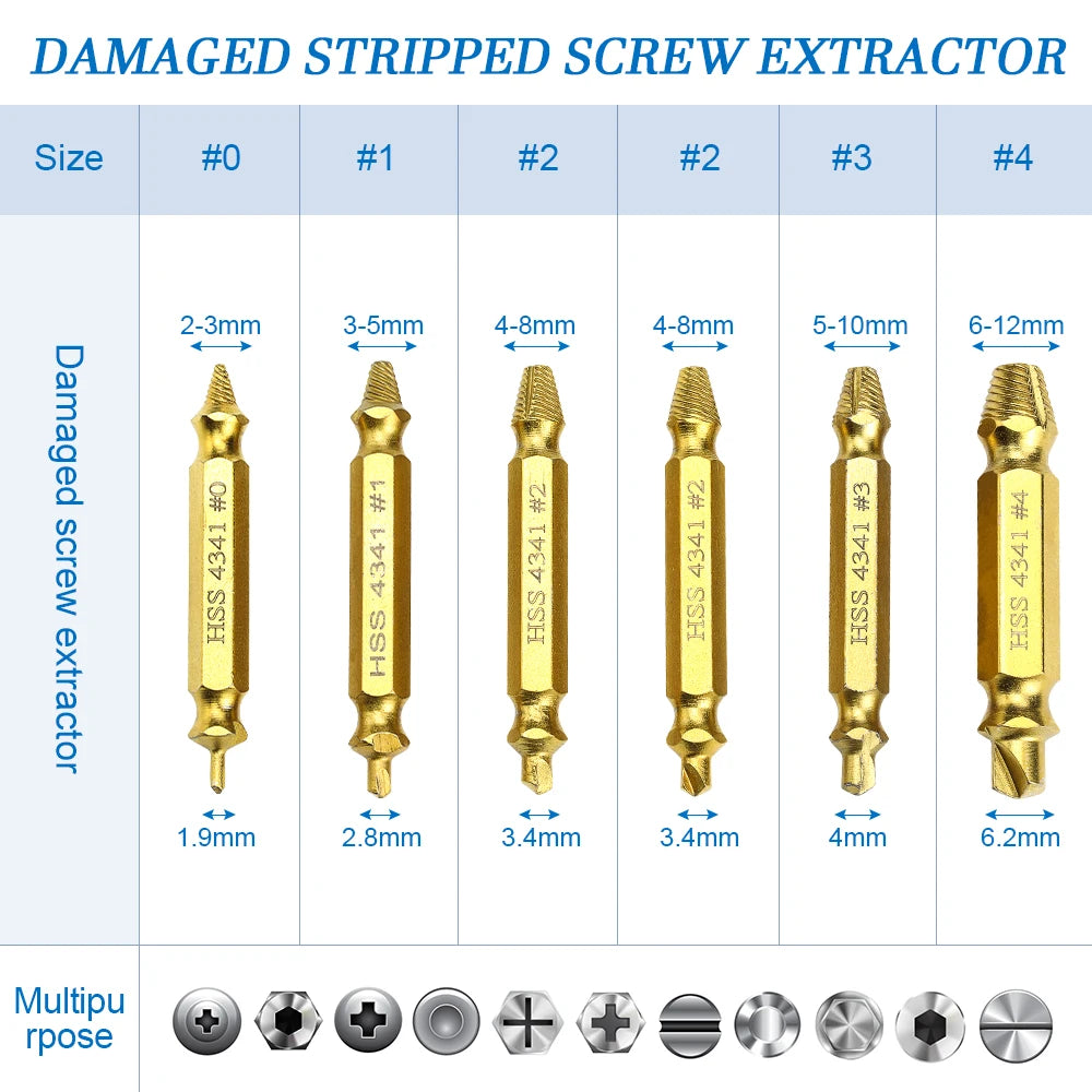 Damaged Screw & Bolt Extractor Set – Dual-Ended Drill Bits for Easy Removal