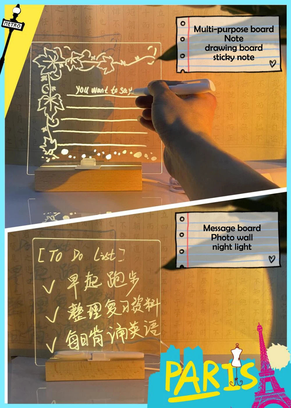LED Acrylic Message Board with Night Light & Colorful Pens