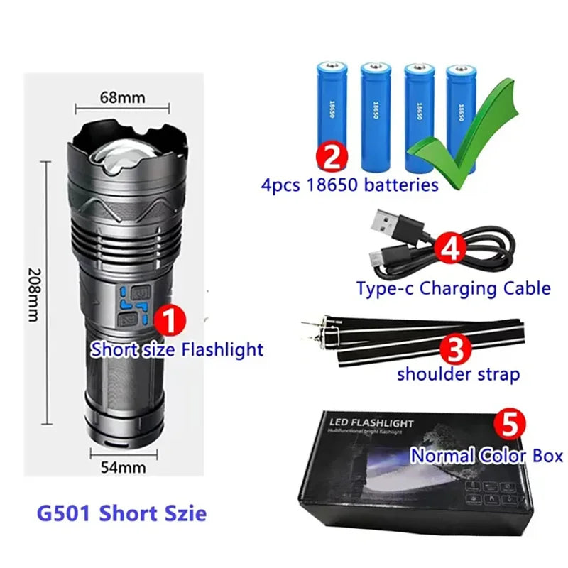 High-Power LED Flashlight – Rechargeable, Long-Range, Tactical Outdoor Torch