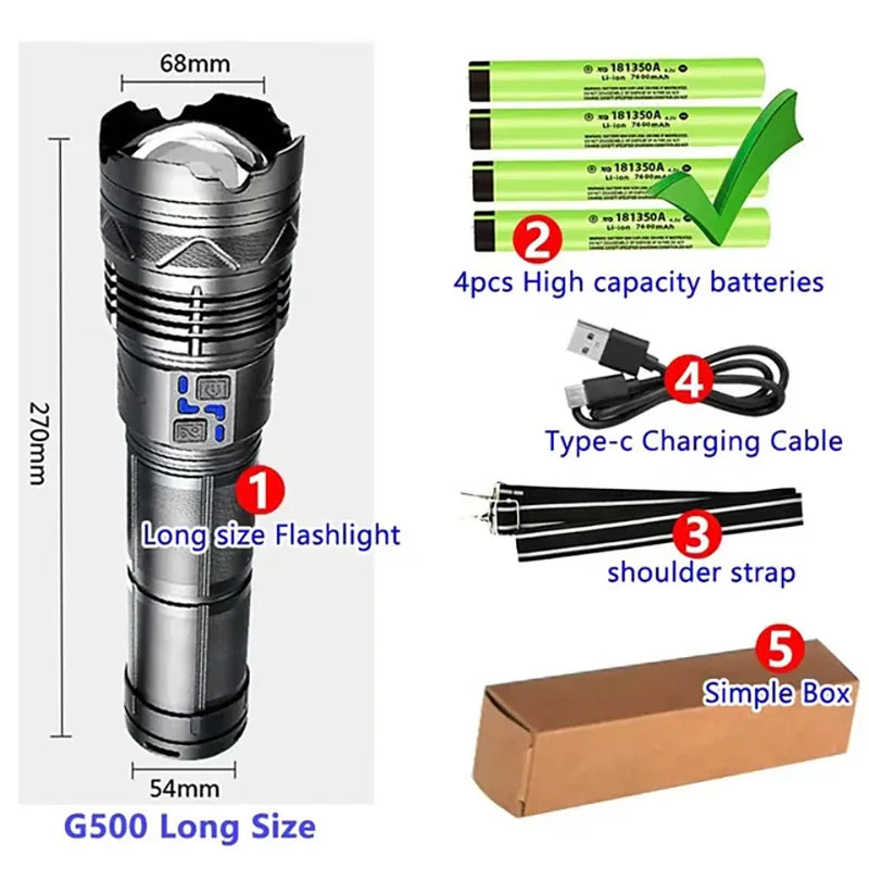 High-Power LED Flashlight – Rechargeable, Long-Range, Tactical Outdoor Torch