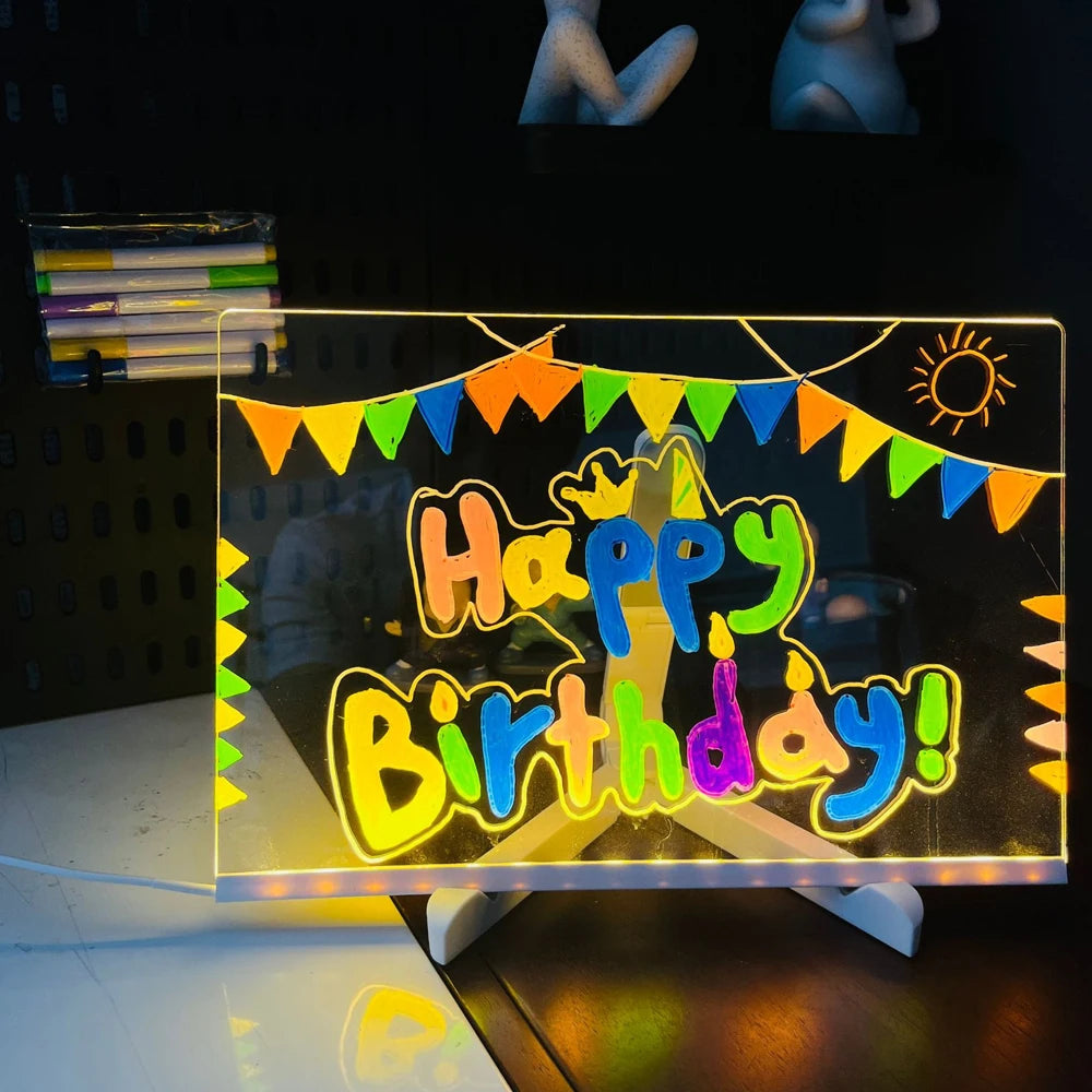 LED Acrylic Message Board with Night Light & Colorful Pens