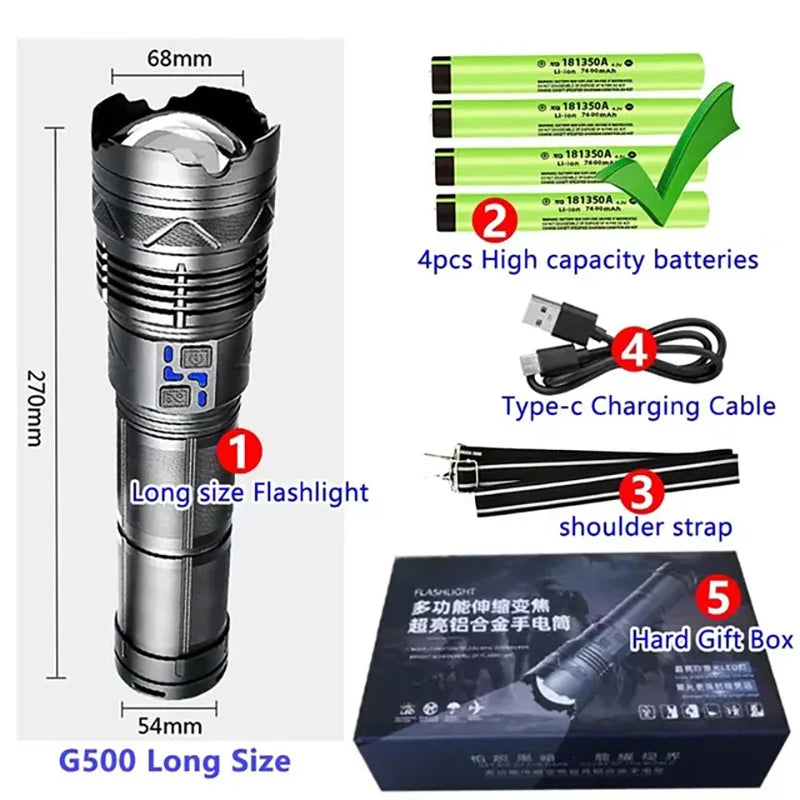 High-Power LED Flashlight – Rechargeable, Long-Range, Tactical Outdoor Torch