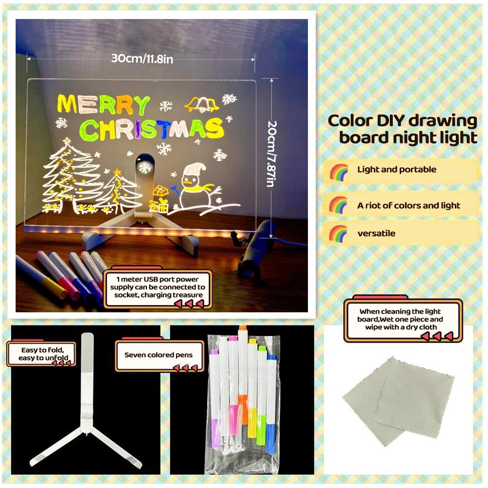 LED Acrylic Message Board with Night Light & Colorful Pens
