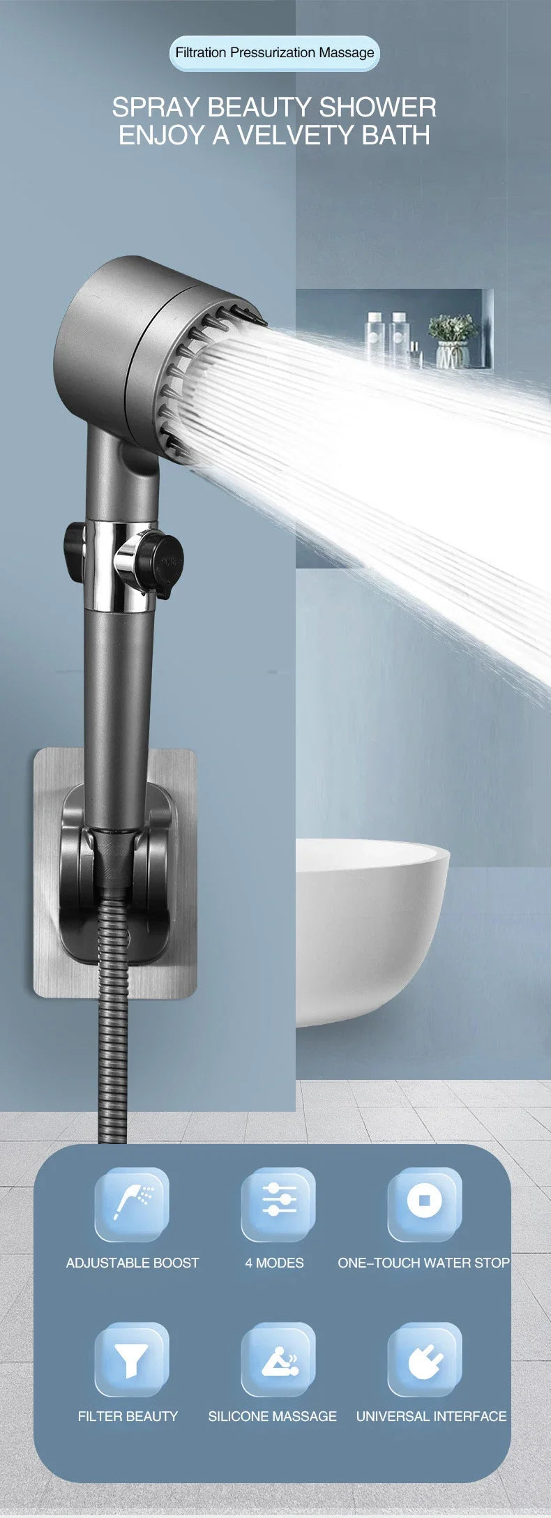 High-Pressure Shower Head with Adjustable Spray & Built-in Massage Brush