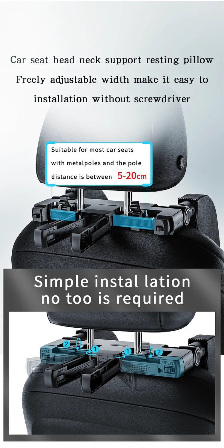 Adjustable 180° Car Seat Headrest Pillow with Memory Foam Support