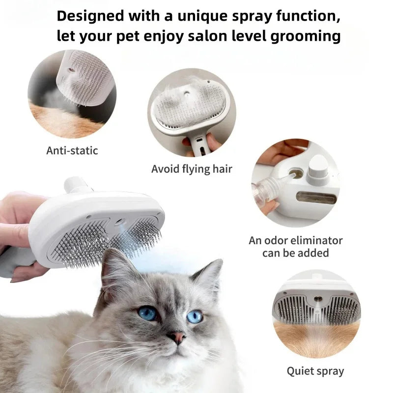 Pet Grooming Mist Comb – Self-Cleaning Dematting Brush with Built-in Humidifier