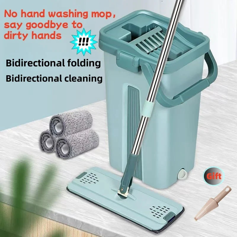 Hands-Free Flat Squeeze Mop & Bucket Set with Reusable Microfiber Pads