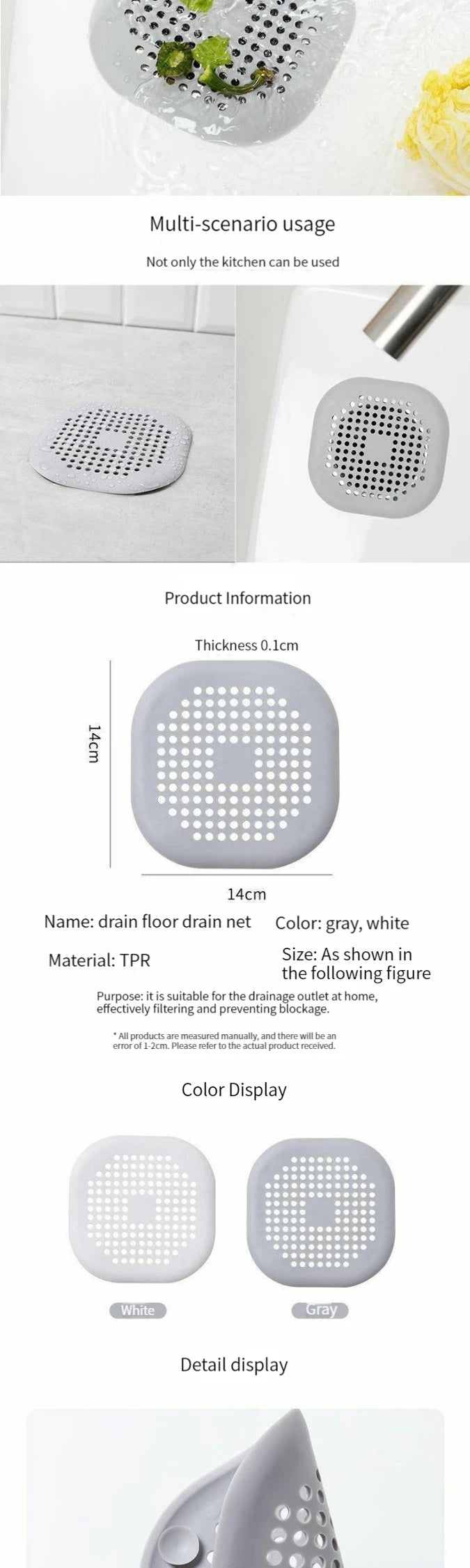 Silicone Square Shower Drain Cover - Anti-Clogging Strainer for Sink and Shower