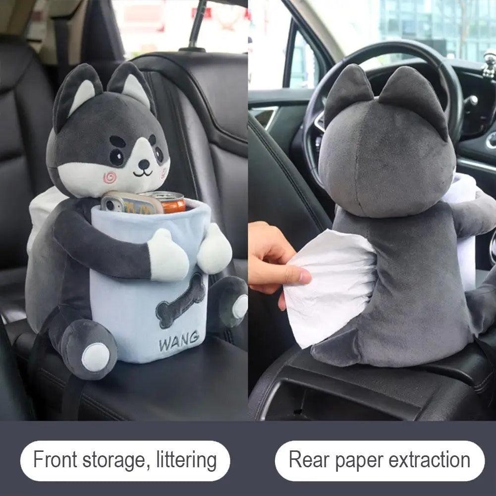 2-in-1 Plush Car Tissue Holder & Trash Can