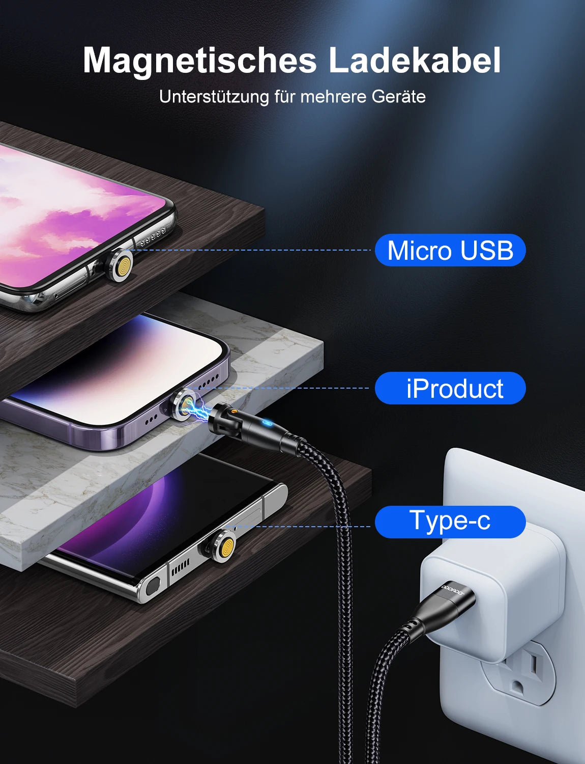 100W Magnetic USB Type-C Fast Charging 3-in-1 Cable