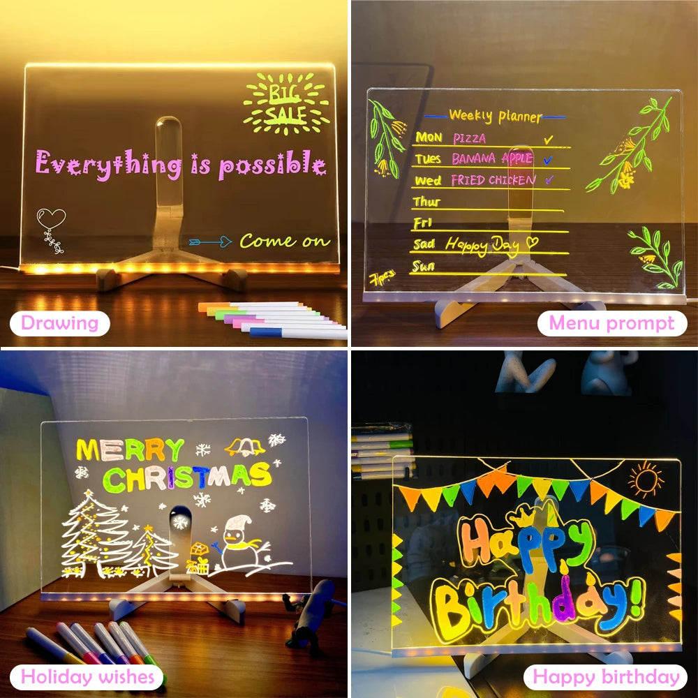 LED Acrylic Message Board with Night Light & Colorful Pens