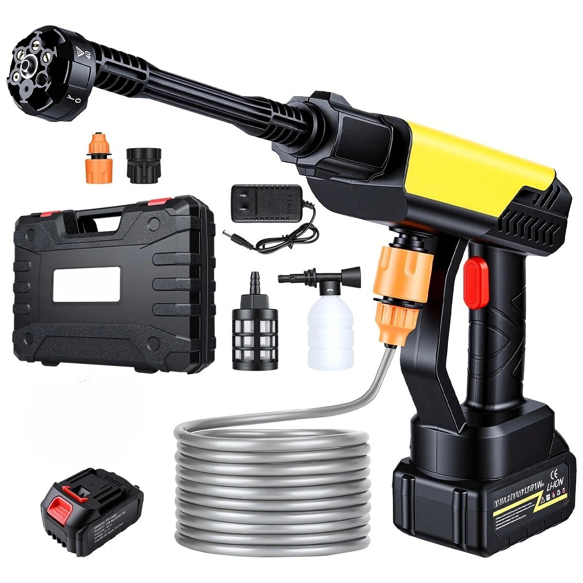 Cordless Rechargeable Pressure Washer – 21V Portable Cleaning Gun with 6-in-1 Spray Nozzle