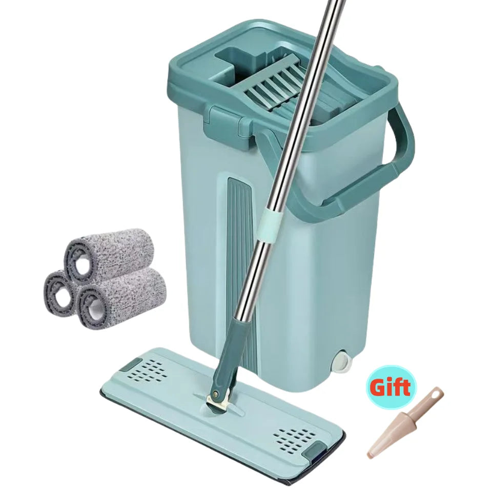 Hands-Free Flat Squeeze Mop & Bucket Set with Reusable Microfiber Pads