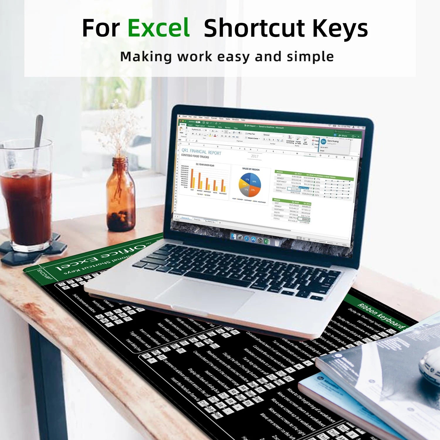 Extended Office Mouse Pad with Excel Shortcuts and Stitched Edge