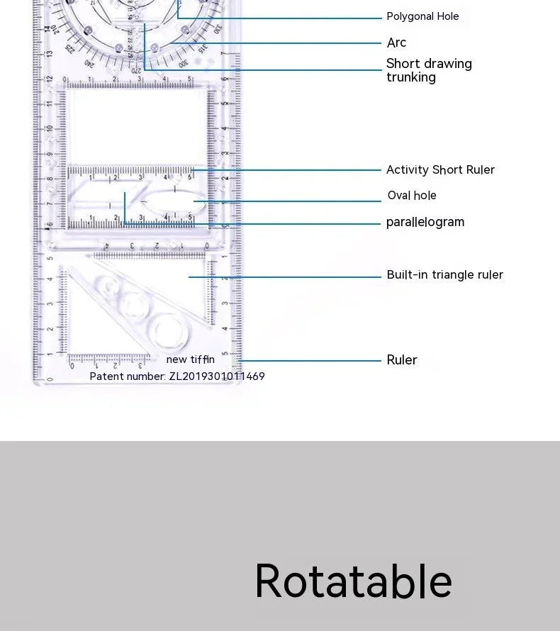 Multifunctional Geometry Ruler with Rotating Protractor