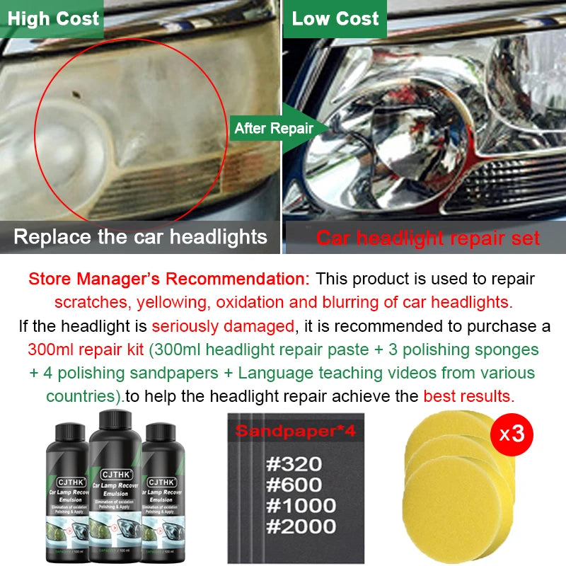 Complete Car Headlight Restoration Kit – Scratch, Oxidation, and Yellowing Remover