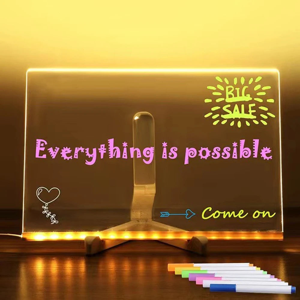 LED Acrylic Message Board with Night Light & Colorful Pens
