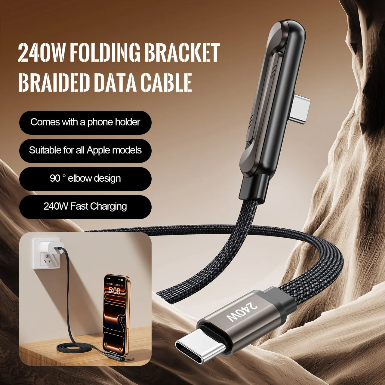 Fast Charging Cable with Foldable Phone Stand – 2-in-1 Design
