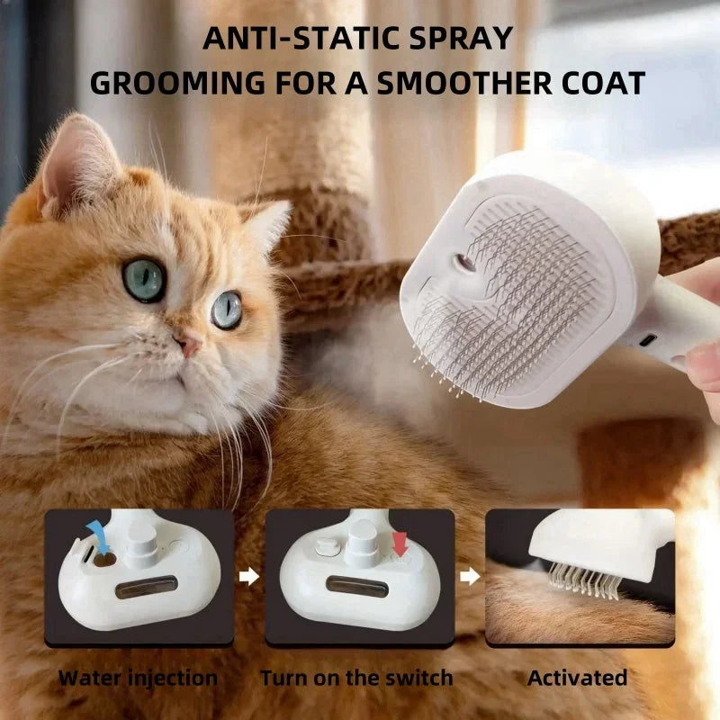 Pet Grooming Mist Comb – Self-Cleaning Dematting Brush with Built-in Humidifier