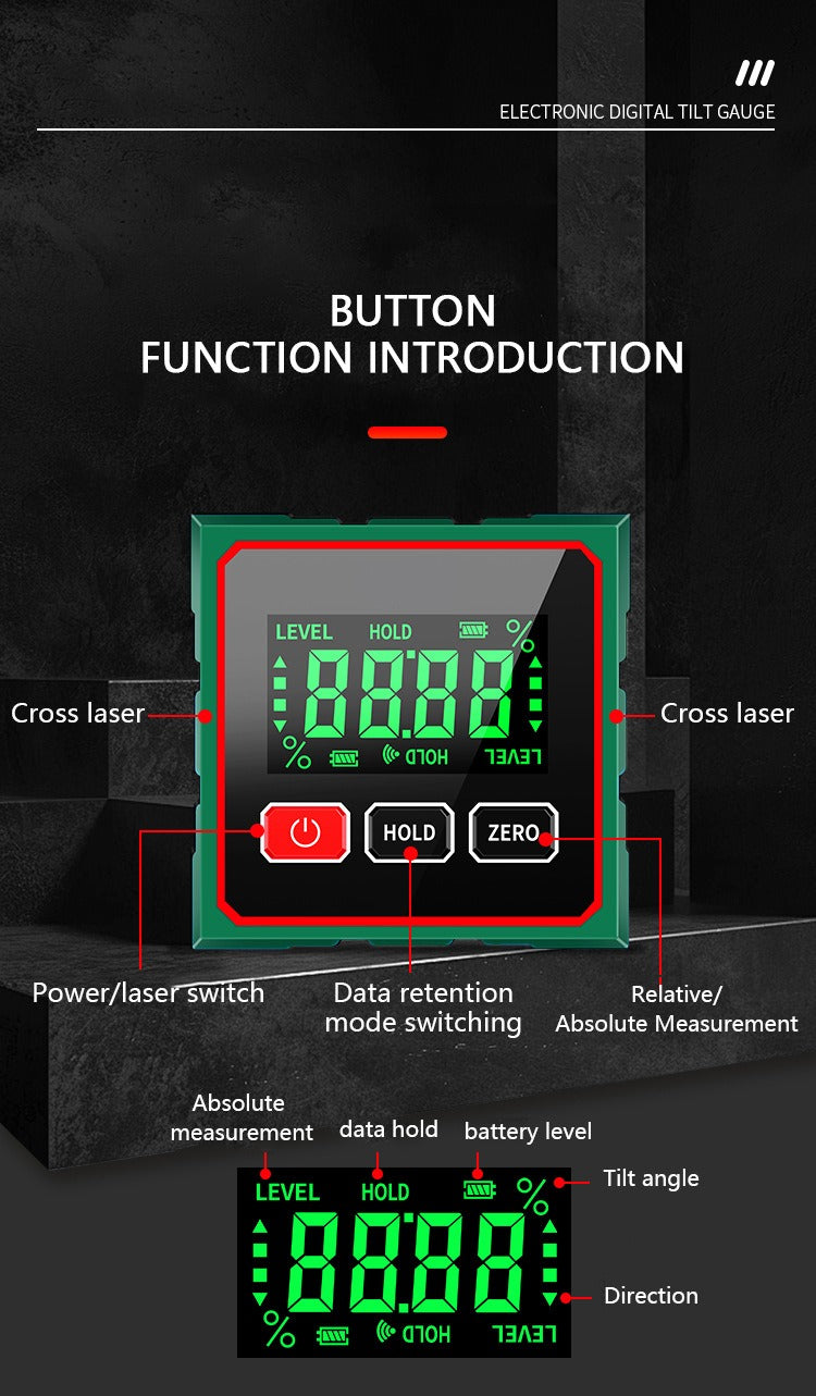 Digital Inclinometer with or without Laser – 1-Side or 4-Side Magnet – USB-C Rechargeable