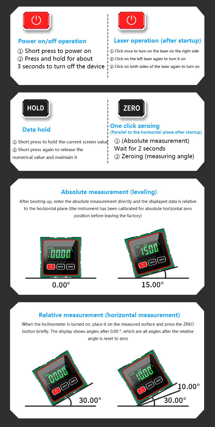 Digital Inclinometer with or without Laser – 1-Side or 4-Side Magnet – USB-C Rechargeable