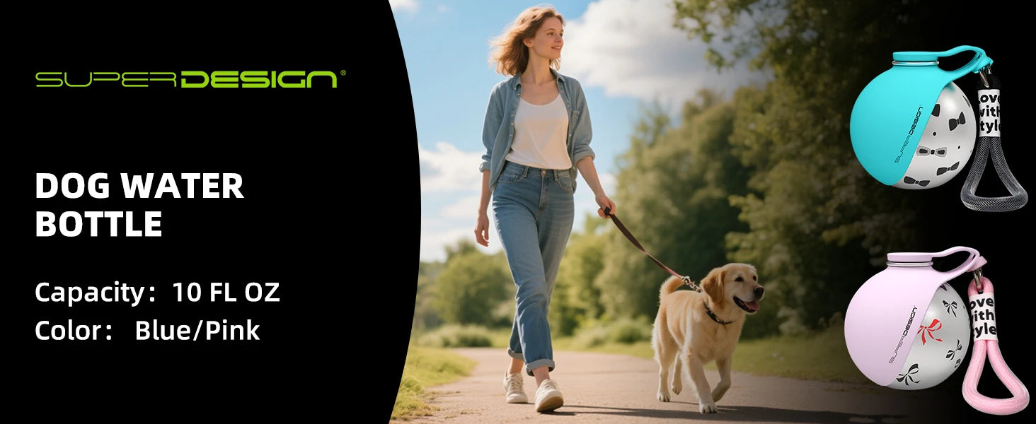 Portable Dog Water Bottle with Foldable Silicone Bowl and Lanyard