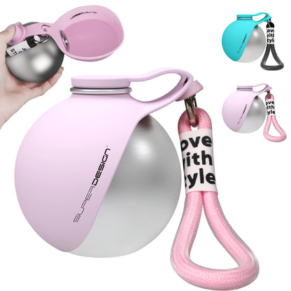 Portable Dog Water Bottle with Foldable Silicone Bowl and Lanyard