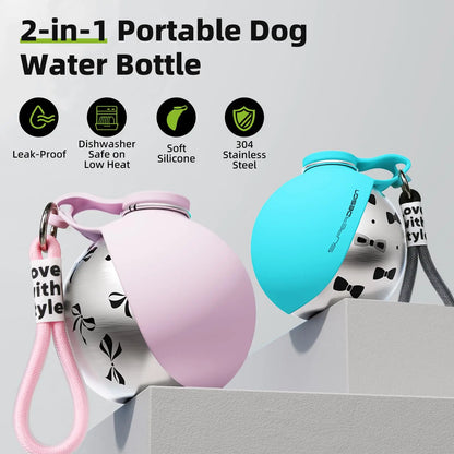 Portable Dog Water Bottle with Foldable Silicone Bowl and Lanyard