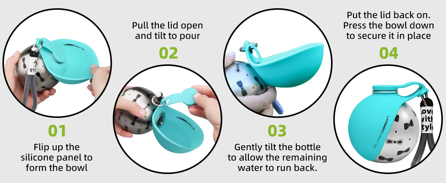 Portable Dog Water Bottle with Foldable Silicone Bowl and Lanyard