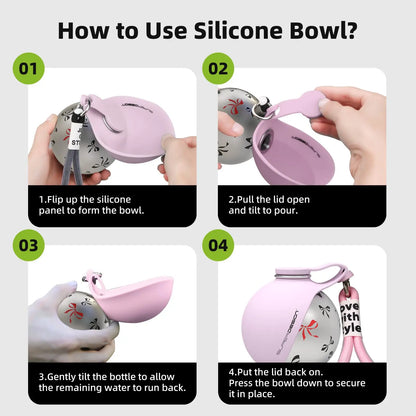 Portable Dog Water Bottle with Foldable Silicone Bowl and Lanyard