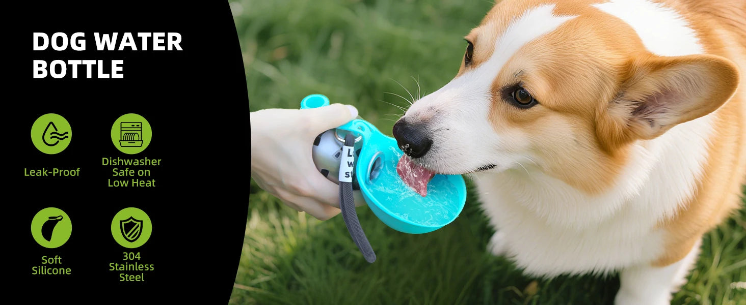 Portable Dog Water Bottle with Foldable Silicone Bowl and Lanyard