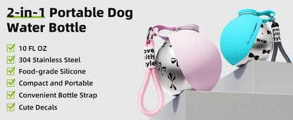 Portable Dog Water Bottle with Foldable Silicone Bowl and Lanyard