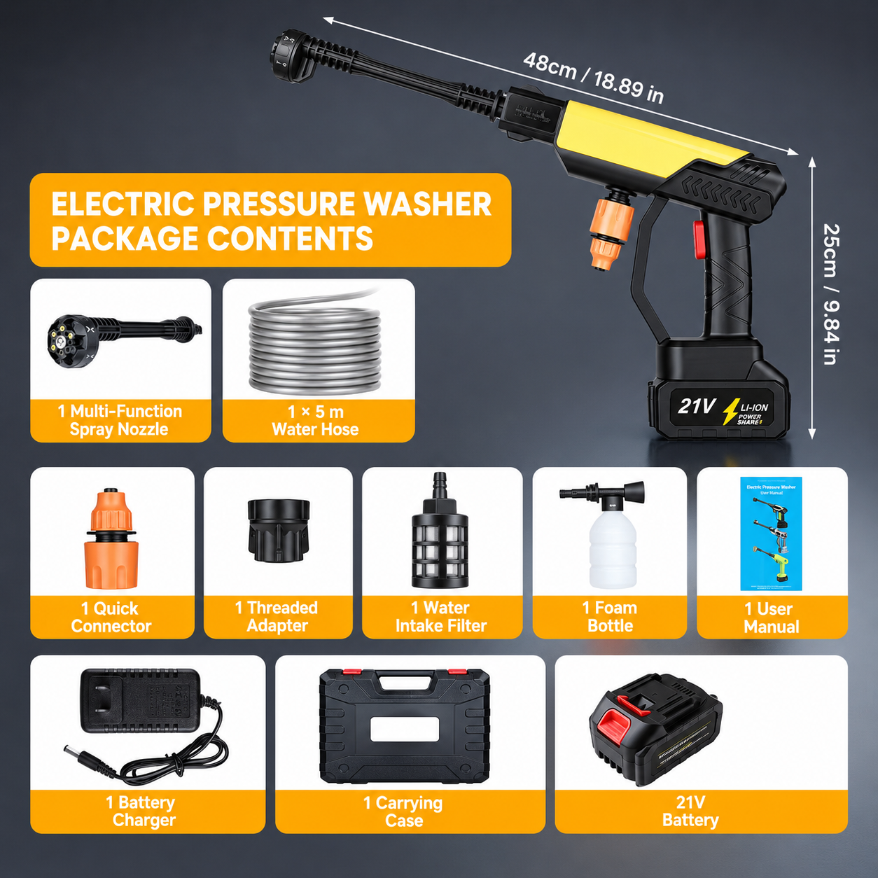 Cordless Rechargeable Pressure Washer – 21V Portable Cleaning Gun with 6-in-1 Spray Nozzle