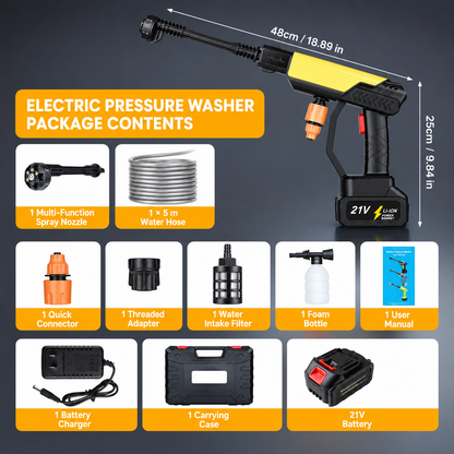 Cordless Rechargeable Pressure Washer – 21V Portable Cleaning Gun with 6-in-1 Spray Nozzle