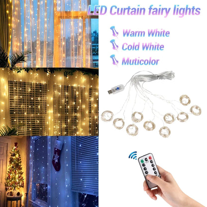 LED Christmas Curtain Lights with Remote Control – Festive Garland for Home and Tree Decorations