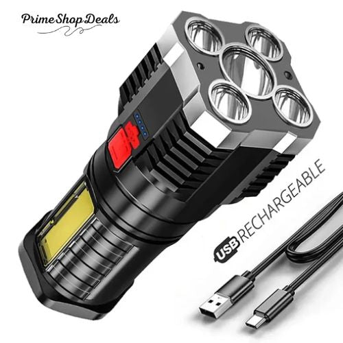 High-Power 5 LED Rechargeable Camping Flashlight with 3 Lighting Modes & Side Light