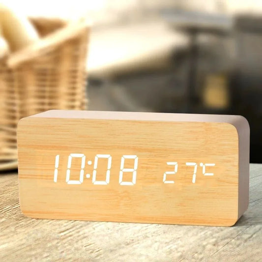 Wooden LED Digital Alarm Clock with Temperature Display and Adjustable Brightness