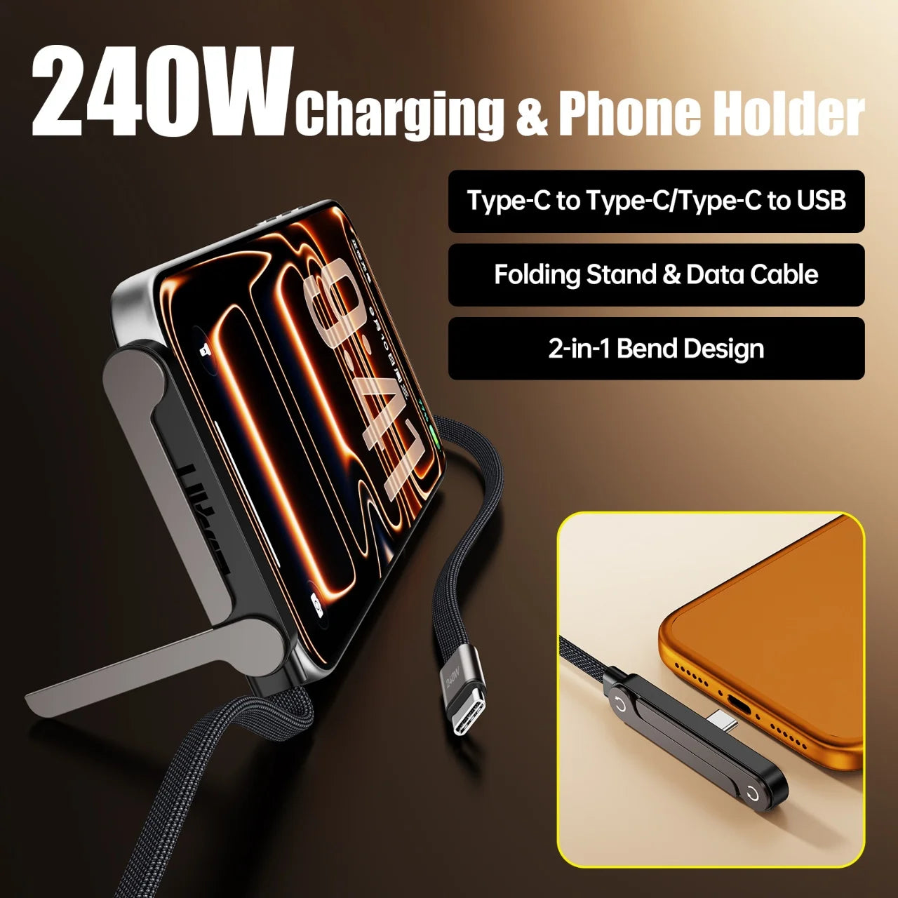 Fast Charging Cable with Foldable Phone Stand – 2-in-1 Design