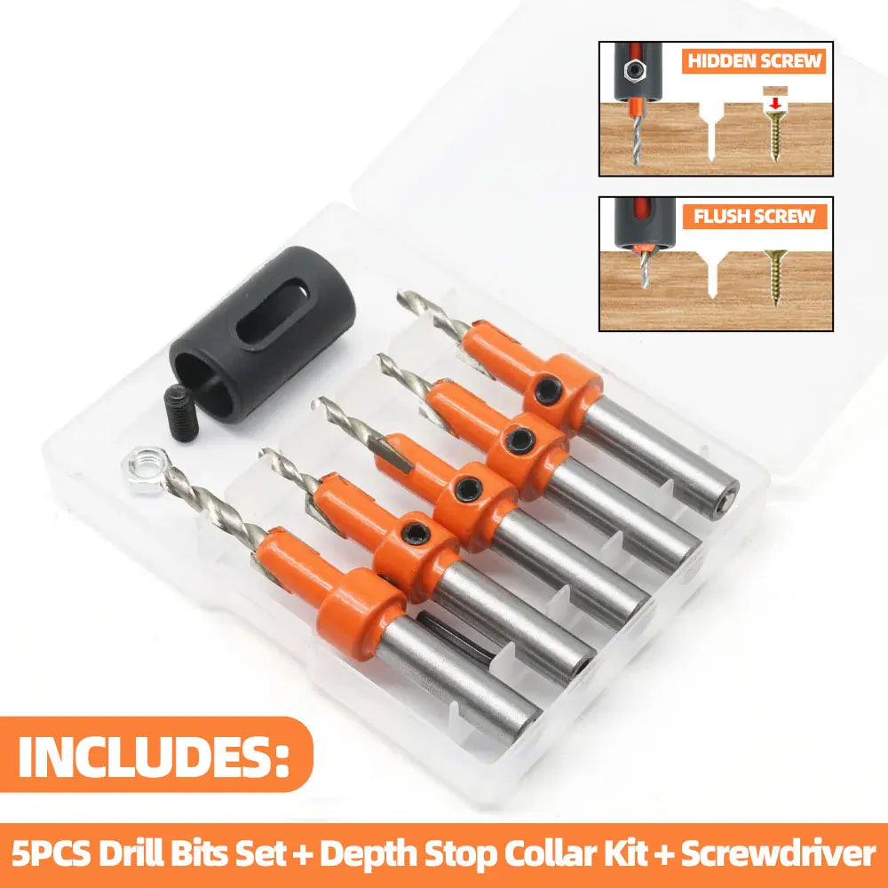 5-Piece Countersink Drill Bit Set – Adjustable Depth Stop for Woodworking