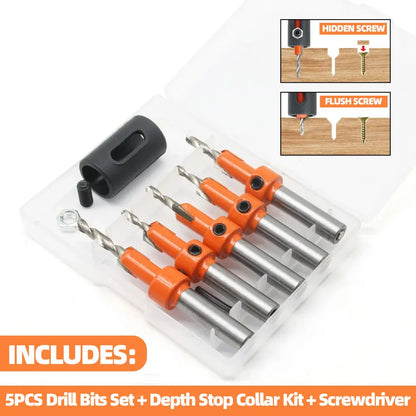 5-Piece Countersink Drill Bit Set – Adjustable Depth Stop for Woodworking