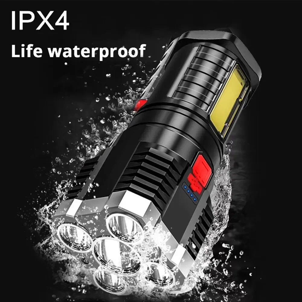 High-Power 5 LED Rechargeable Camping Flashlight with 3 Lighting Modes & Side Light