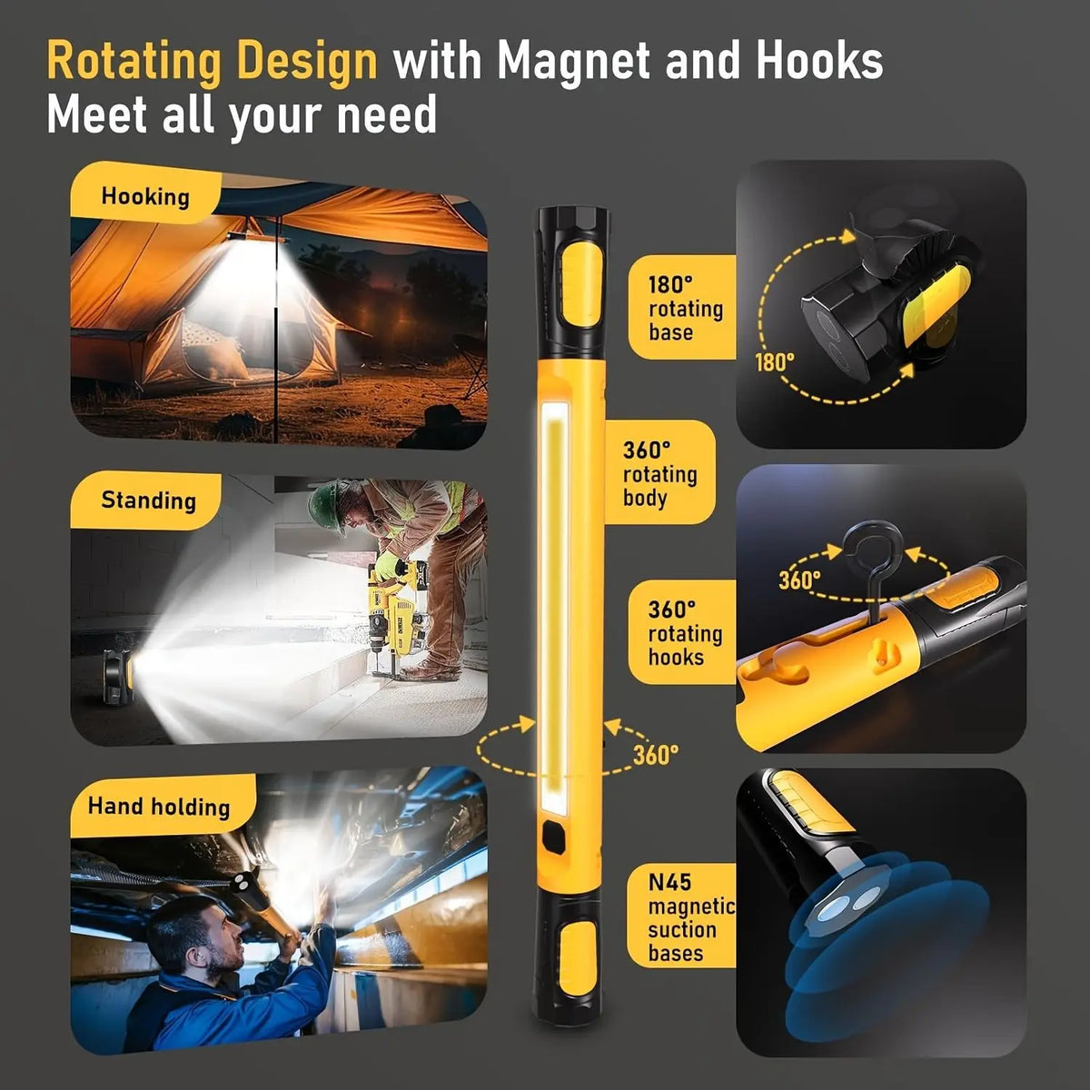 Rechargeable Magnetic COB Work Light – 360° Rotating LED Inspection Lamp